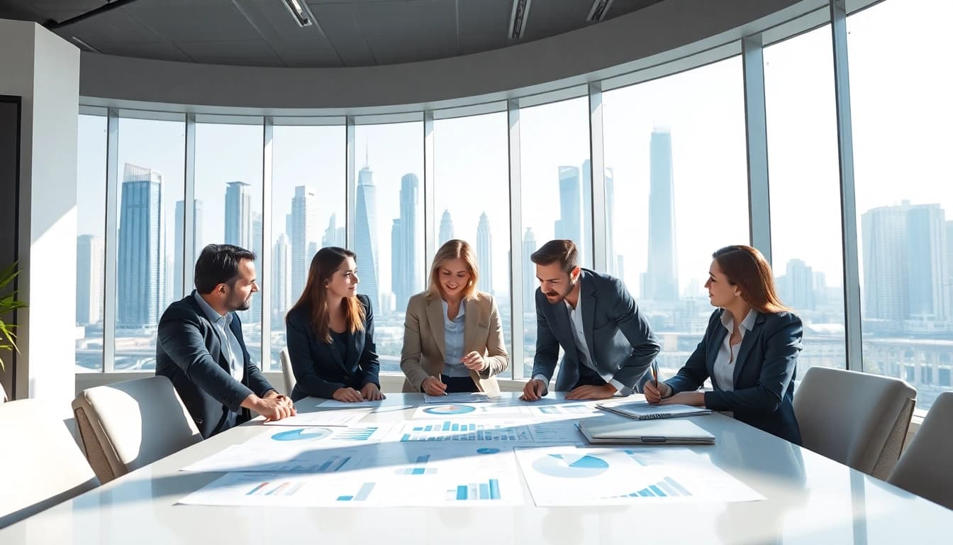 Engaged business consultants in Dubai collaborating on strategy development.