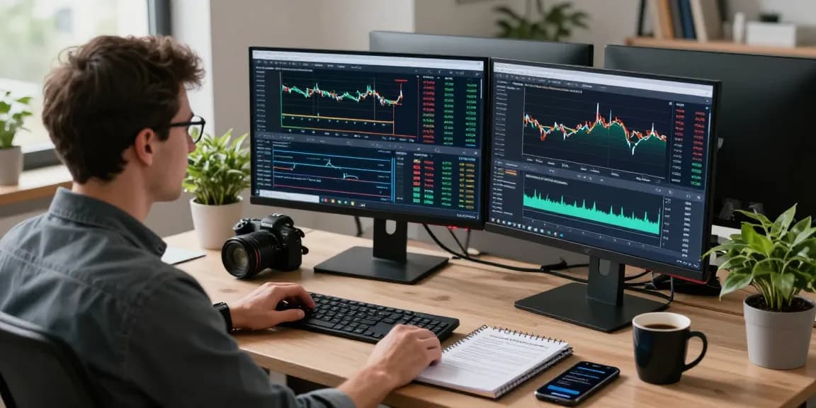Traders using MT4 platform on multiple screens for Forex analysis in a modern office environment.