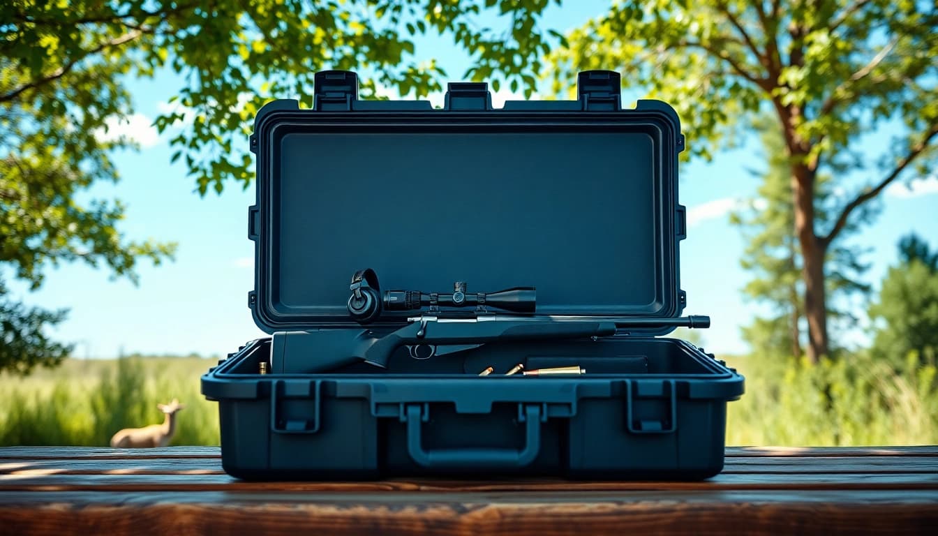Secure your gear with a durable pelican rifle case displayed elegantly outdoors among nature.