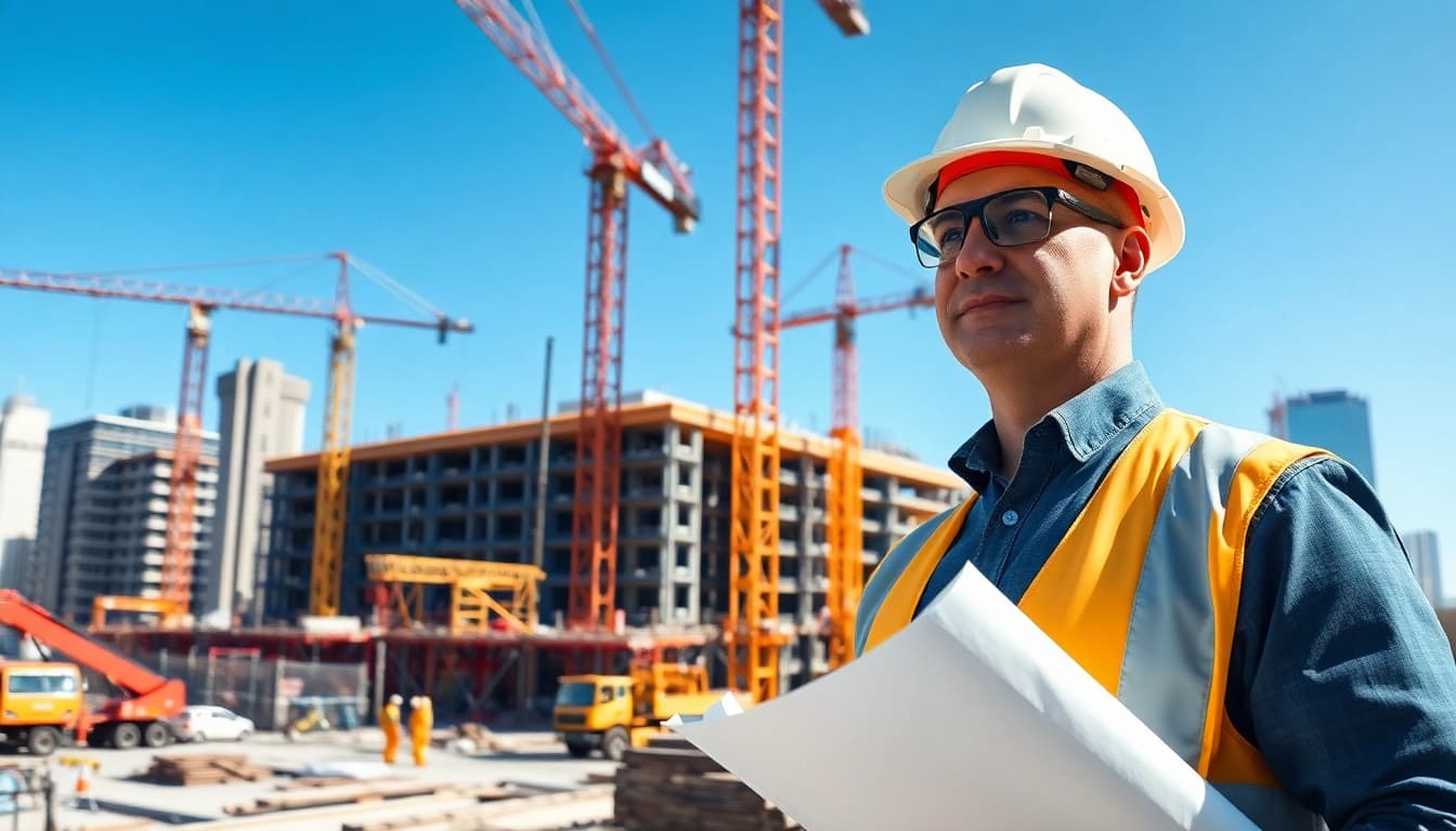 Manhattan Construction Manager supervising a vibrant construction site with active workers.