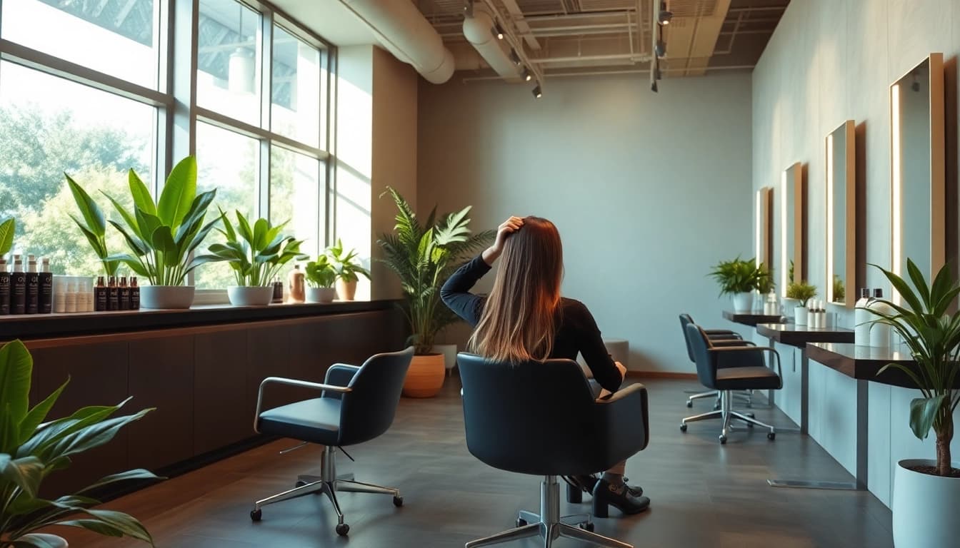 Aveda salon San Diego with a modern interior, lush plants, and a stylist applying highlights.