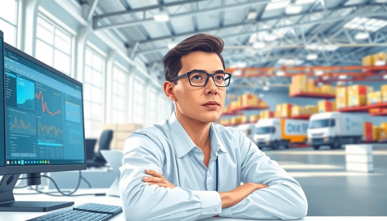 Logistics analyst managing inventory in a high-tech shipping facility.