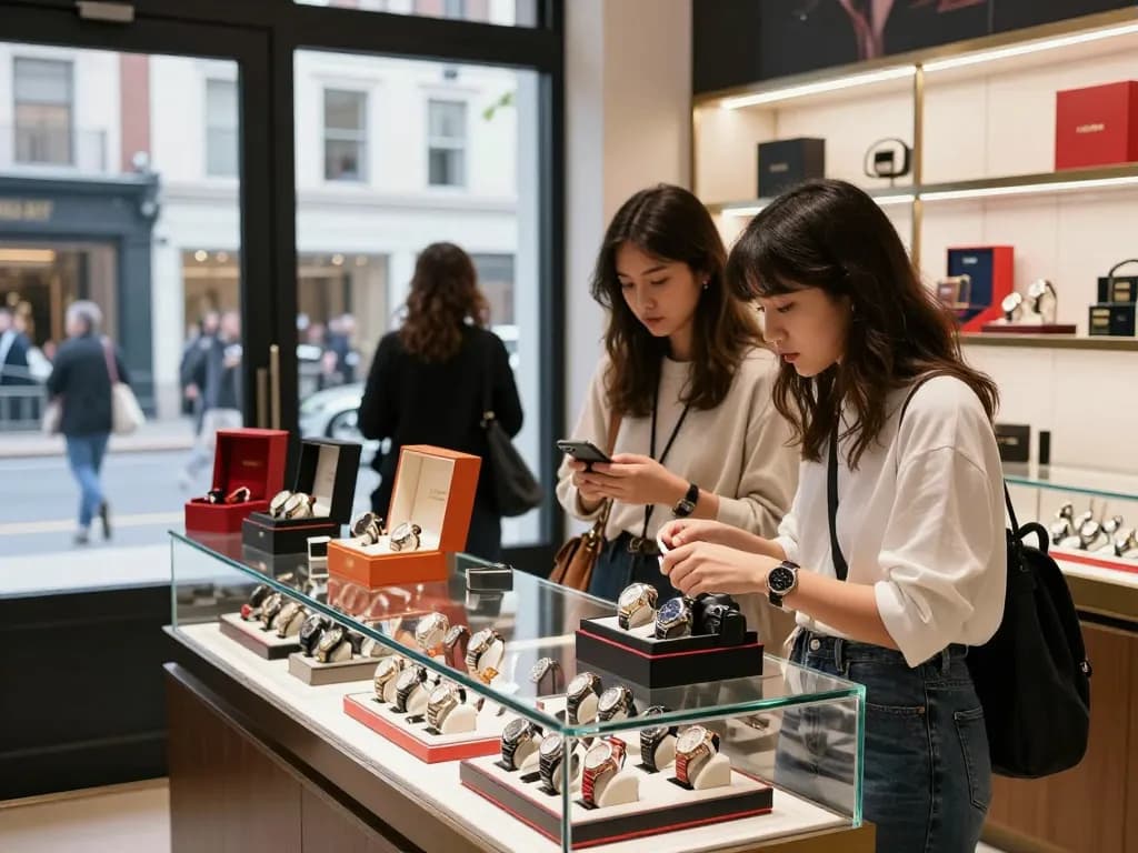 Young woman browsing premium 시계 레플리카 in a stylish urban boutique, showcasing modern fashion and luxury.