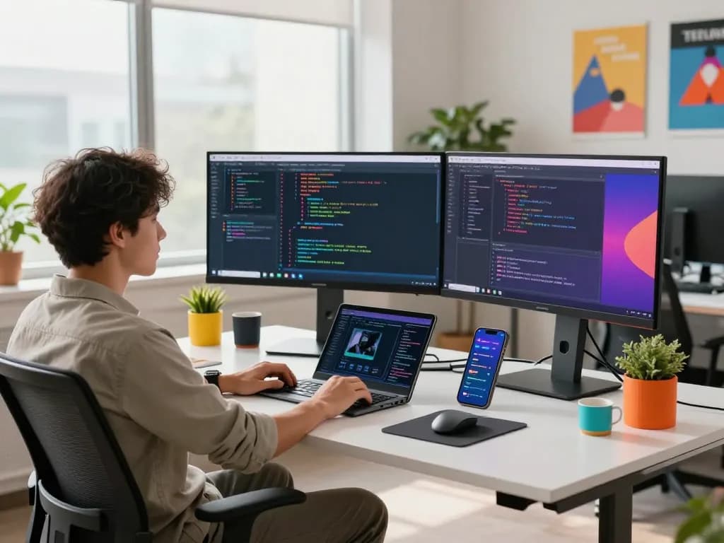 AI developer in a vibrant workspace demonstrating image to prompt ai technology with multiple monitors and tech gadgets.