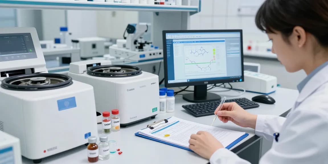 Researcher analyzing Swiss Chems peptides in a modern lab setting.
