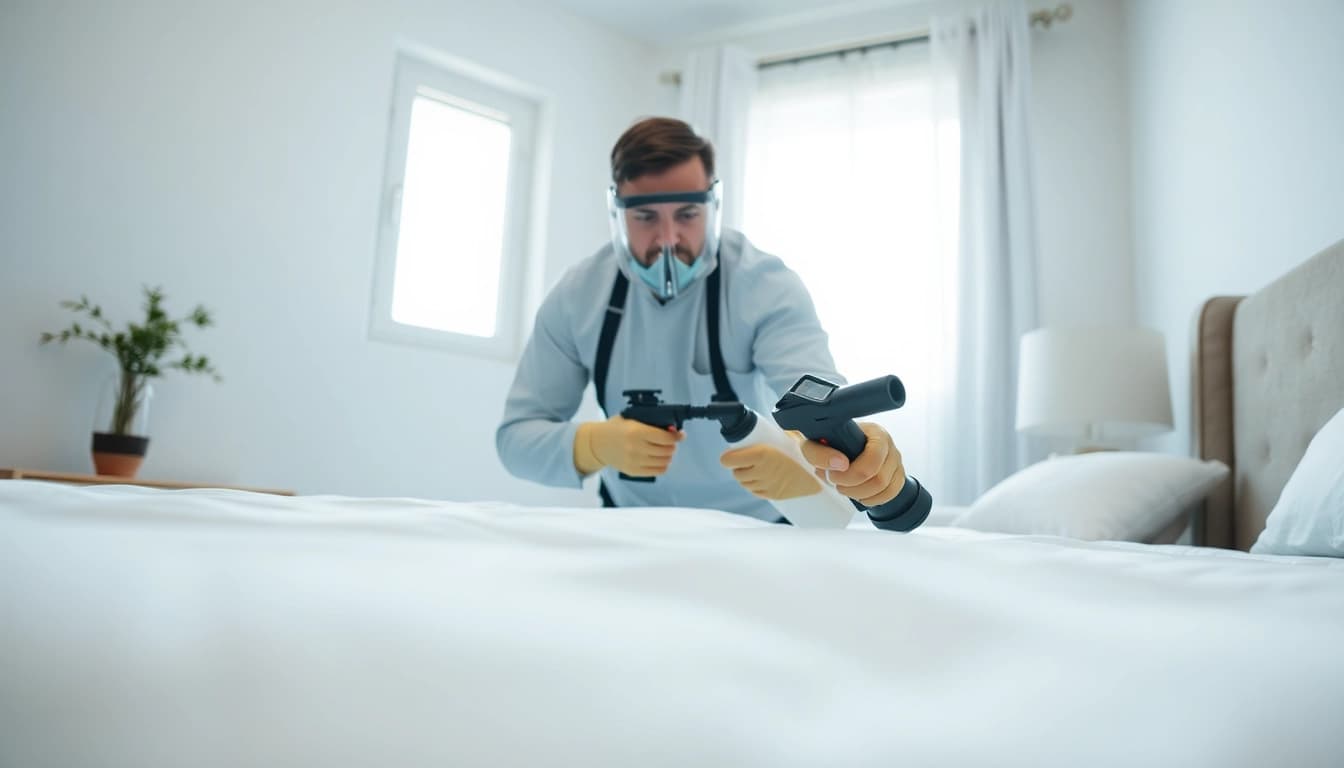 Ensure affordable bed bug control with a professional exterminator inspecting a bedroom.