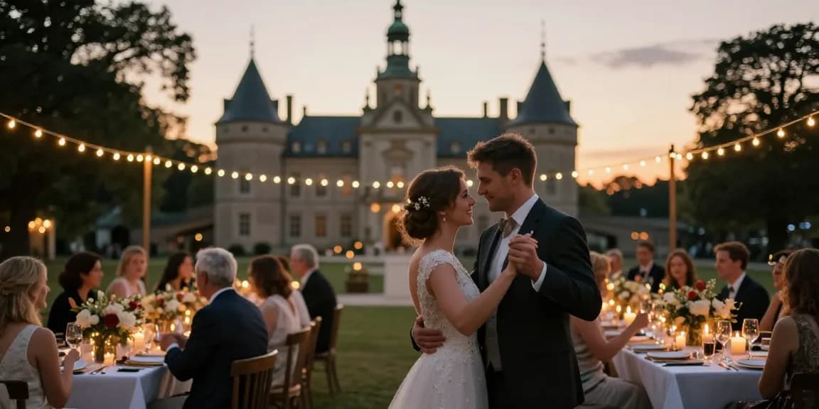 Hochzeit DJ Brandenburg: Verliebtes Paar tanzt unter Lichtern bei romantischer Feier