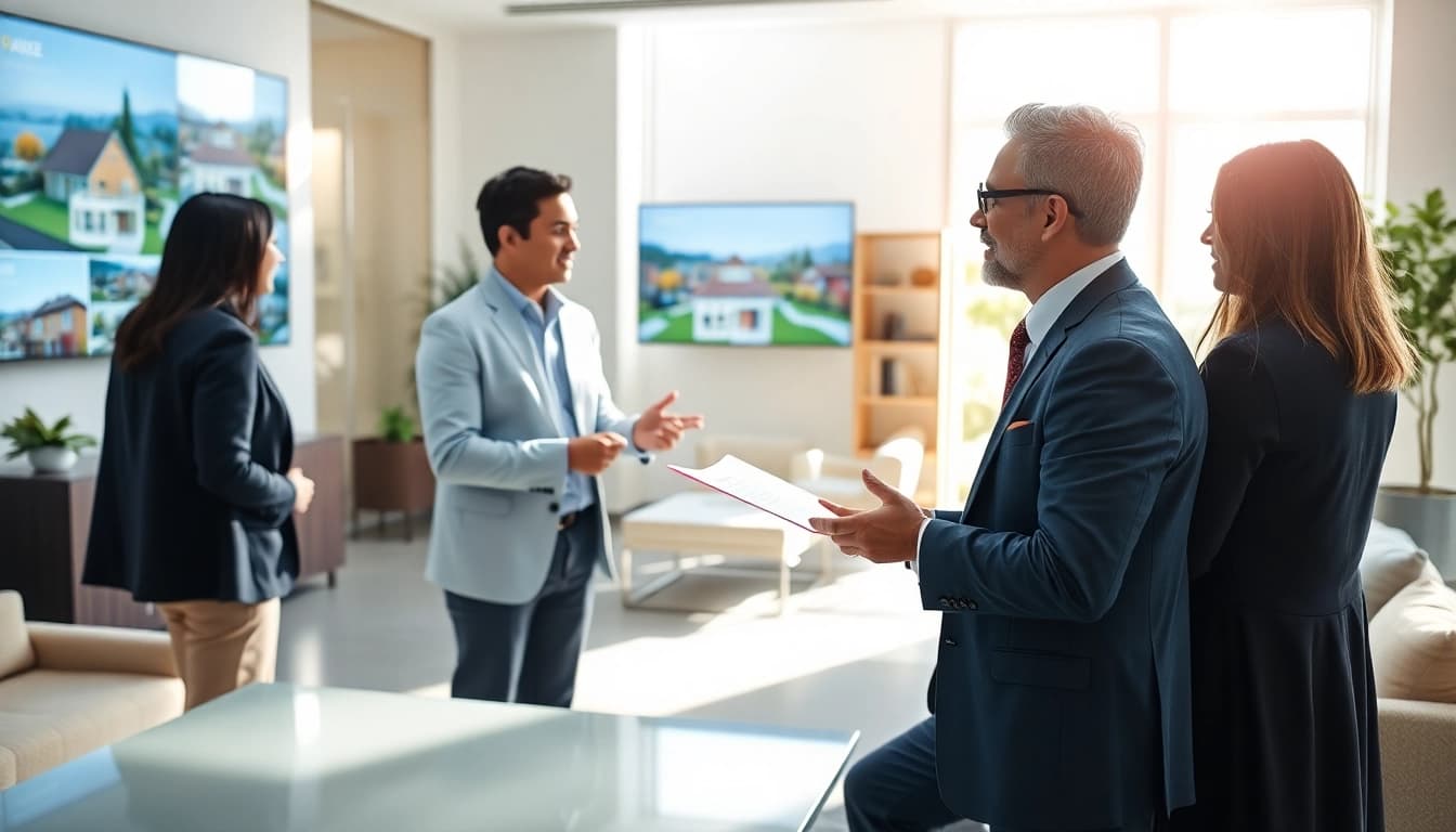 Real Estate agent engaging clients in a bright office environment showcasing property listings.