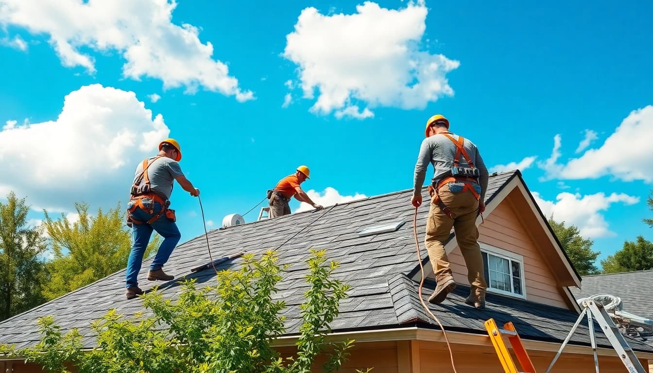 Professional roofing services team installing shingles on a house in a sunny neighborhood.