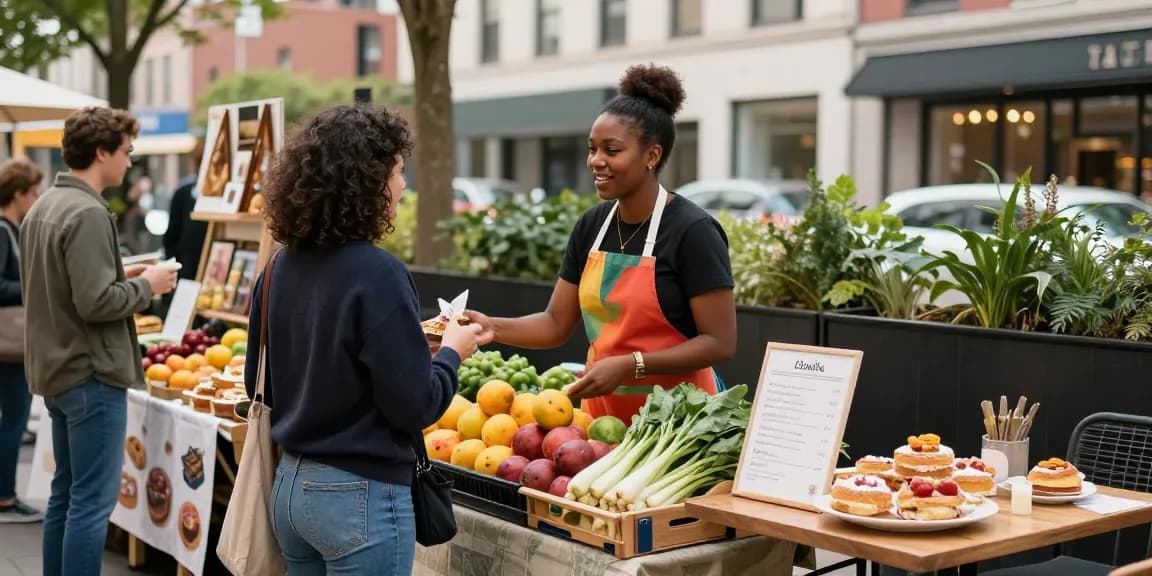 Vibrant urban marketplace scene showcasing local vendors and fresh produce, enhancing community engagement.
