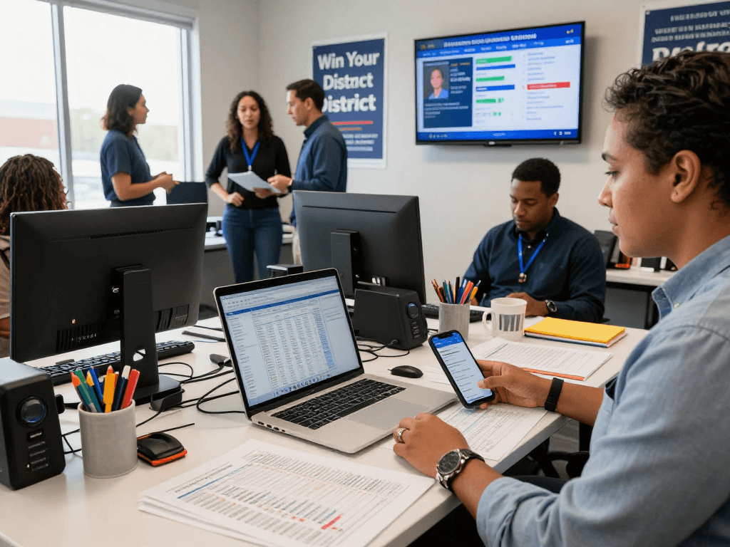 Campaign manager utilizing a power dialer for campaigns in a vibrant office, focused on voter data analytics.