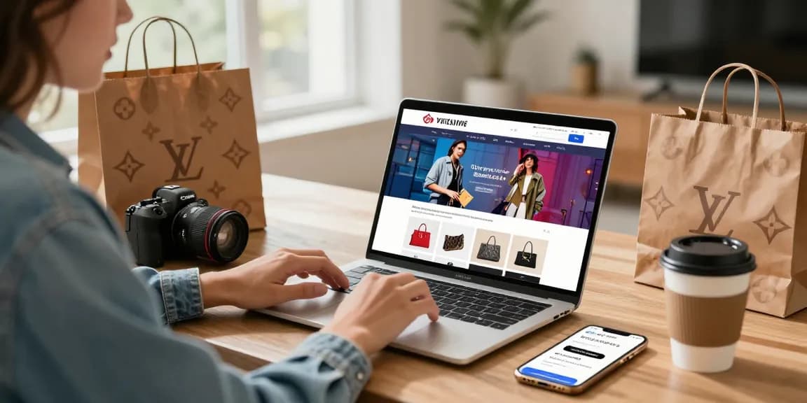 Stylish individual engaging with 레플리카 사이트 online shopping while surrounded by trendy items in a modern home office.