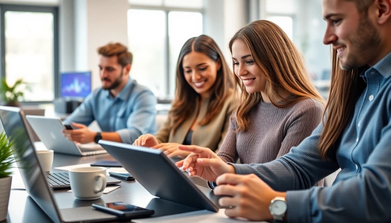 AI assistant for enterprise teams collaborating in a modern office with smart technology elements.