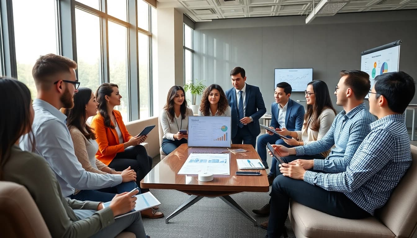Visualize sales opportunities by industry with a diverse team strategizing in a modern office.
