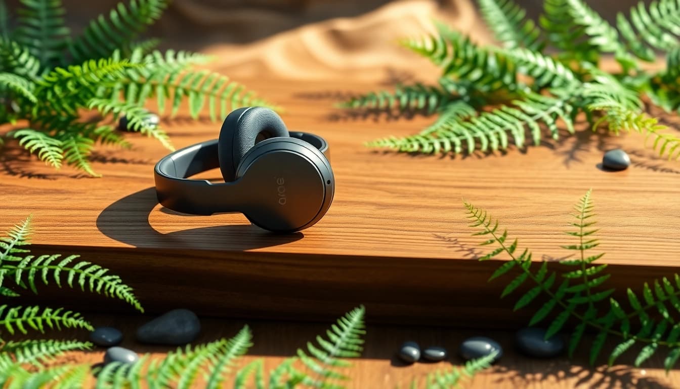 Showcasing Bone X2 Bone Conduction Headphones on a wooden surface with natural elements.