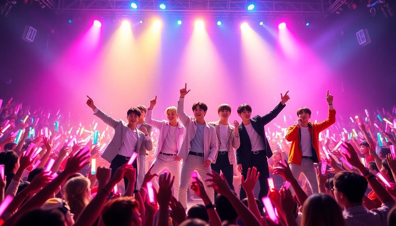 Captivating BTS news moment featuring the band performing live with vibrant energy and fan excitement.