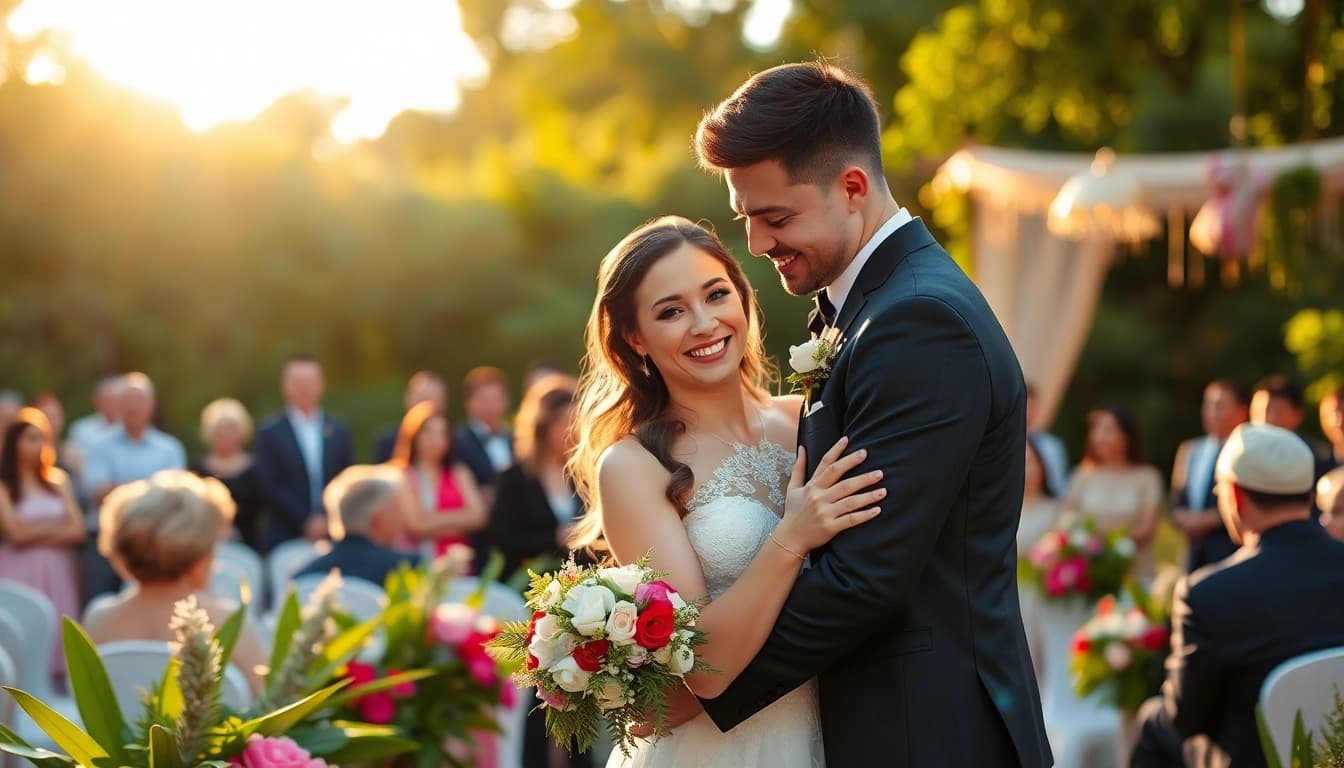 Wedding photography capturing a romantic couple at an outdoor ceremony surrounded by lush greenery.