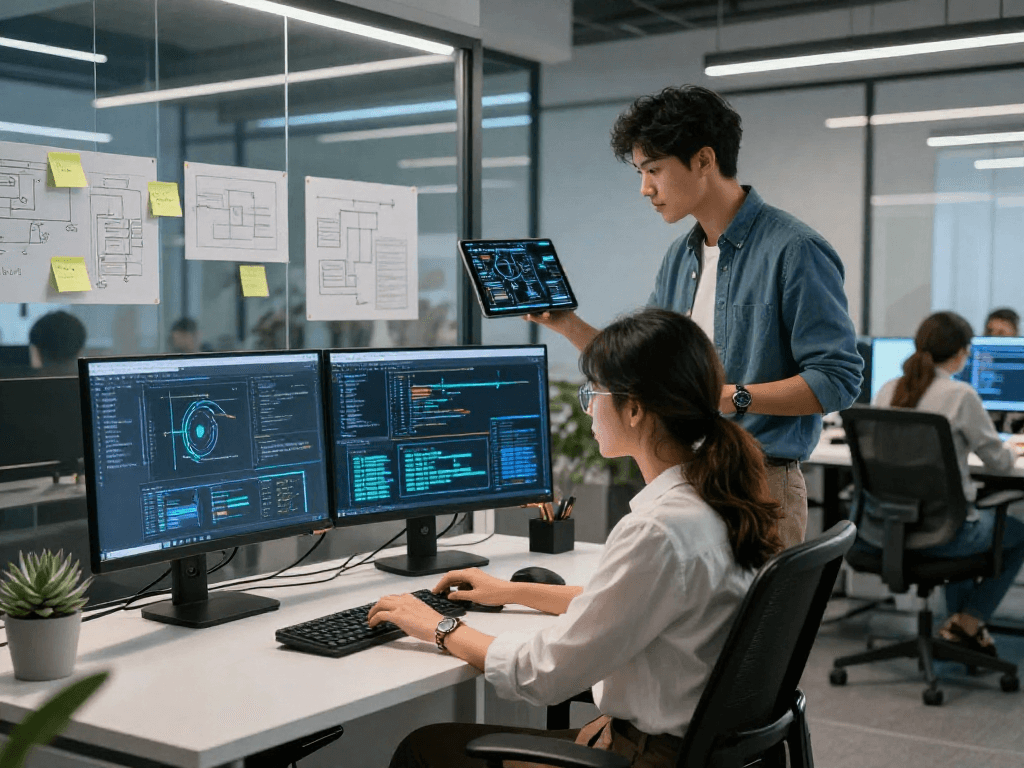 Dynamic AI development team collaboration scene showcasing a diverse group working on innovative software projects, embodying the concept of crush on ai.