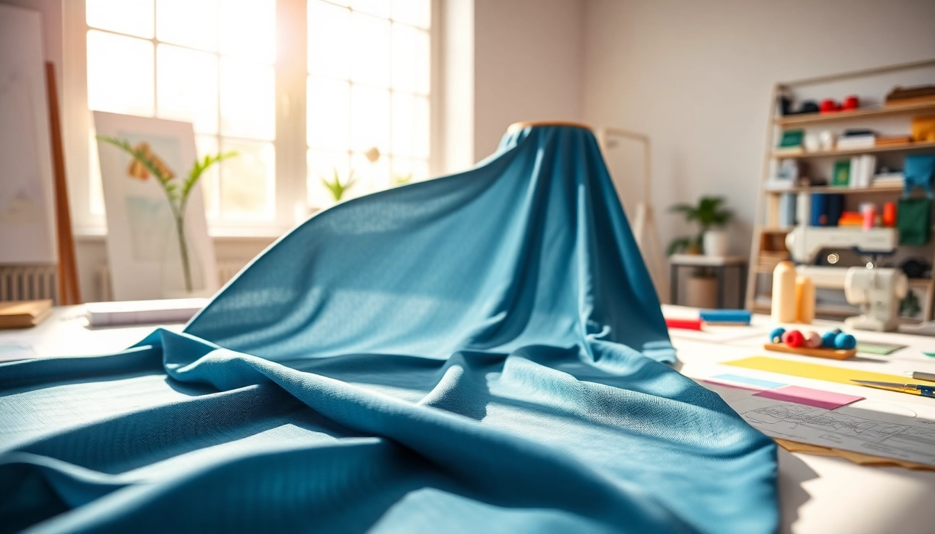 Creatieve presentatie van stretch stof met levendige kleuren en materialen in een studio.