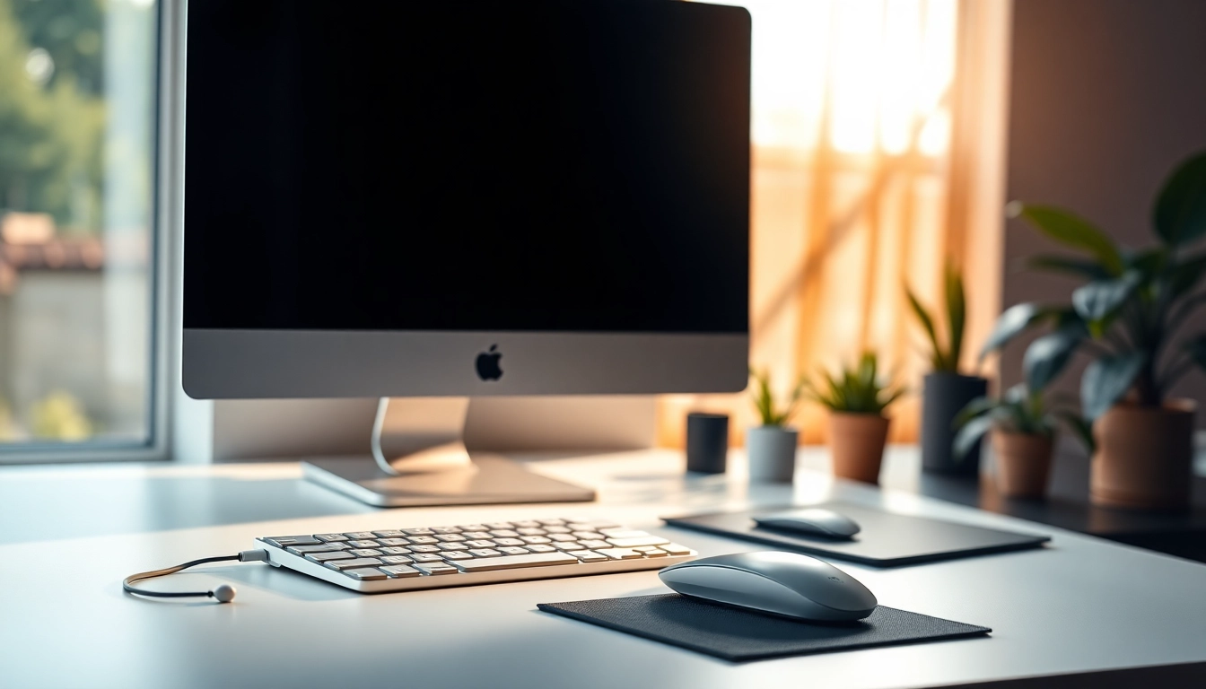 Accesorios para Mac con teclado y mouse modernos en un entorno de trabajo elegante.