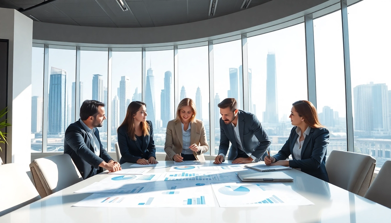 Engaged business consultants in Dubai collaborating on strategy development.