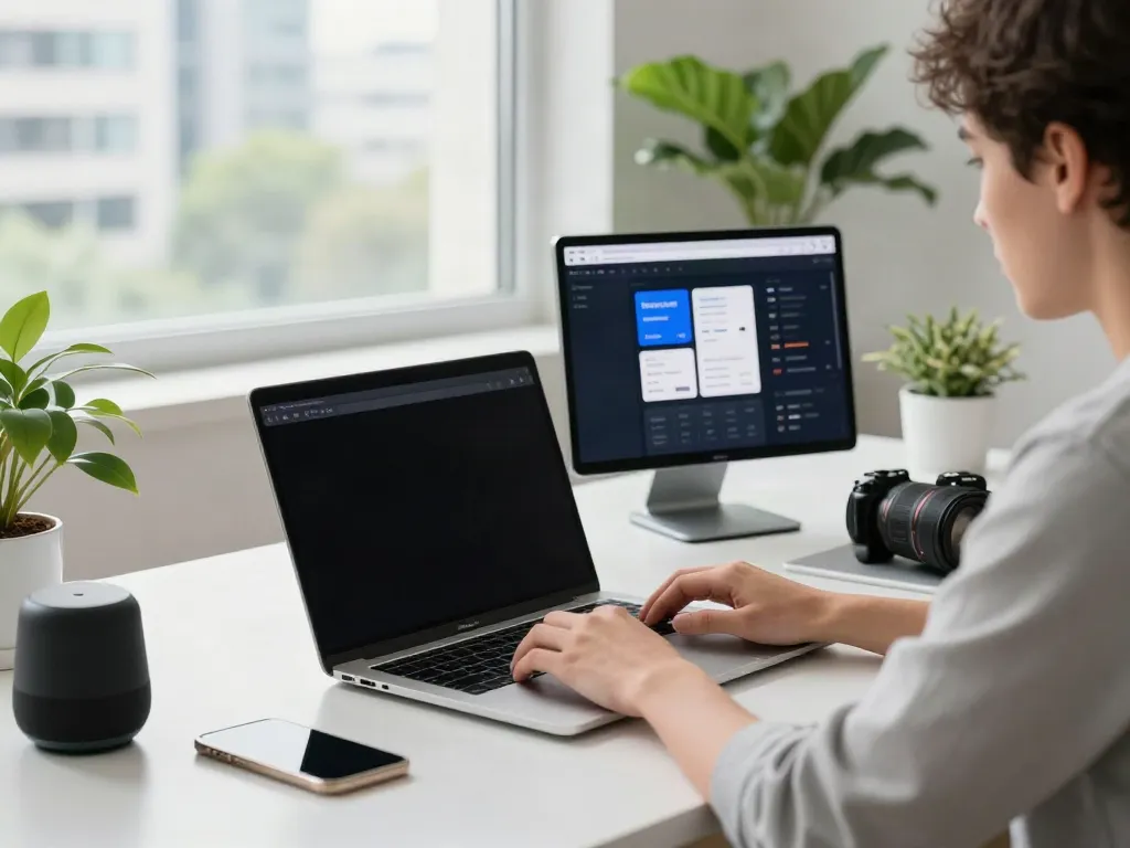 Engaged user exploring brave浏览器 in a modern tech workspace with dual monitors and vibrant plants.
