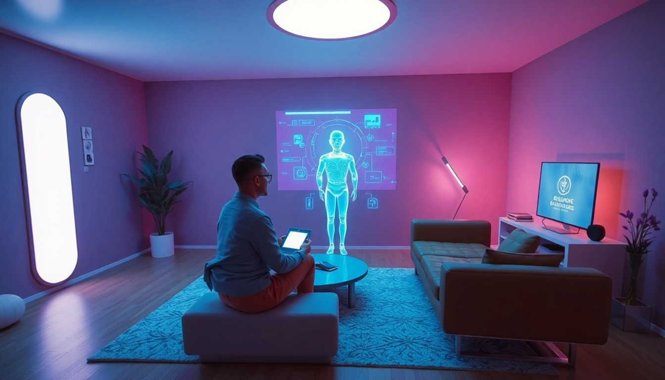 Engaging scene of a user interacting with a holographic AI companion, focusing on ai sex theme.
