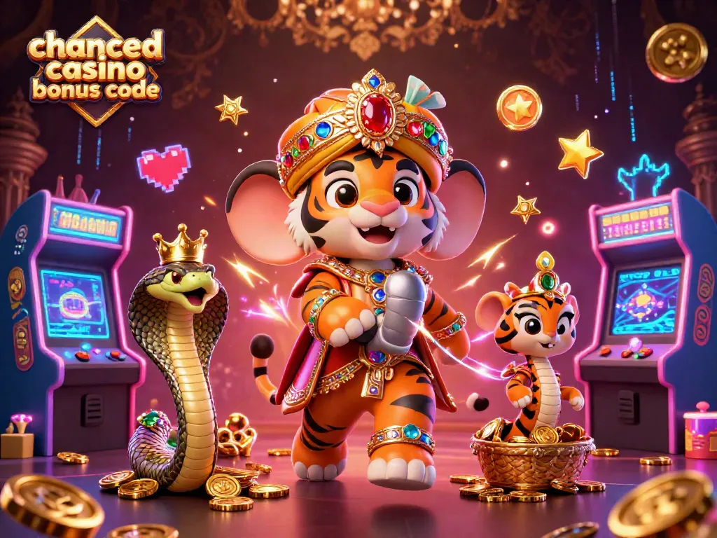 Win at Chanced Casino with bonus codes, featuring an adventurous tiger and vibrant game elements.