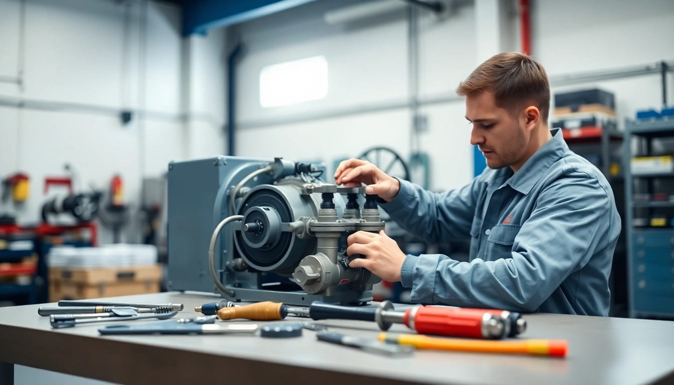 Hydraulic system maintenance being performed by a technician, highlighting expert care and precision.