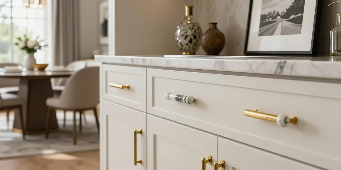 Stunning kitchen showcasing luxury handles, marble accents, and elegant cabinet design.