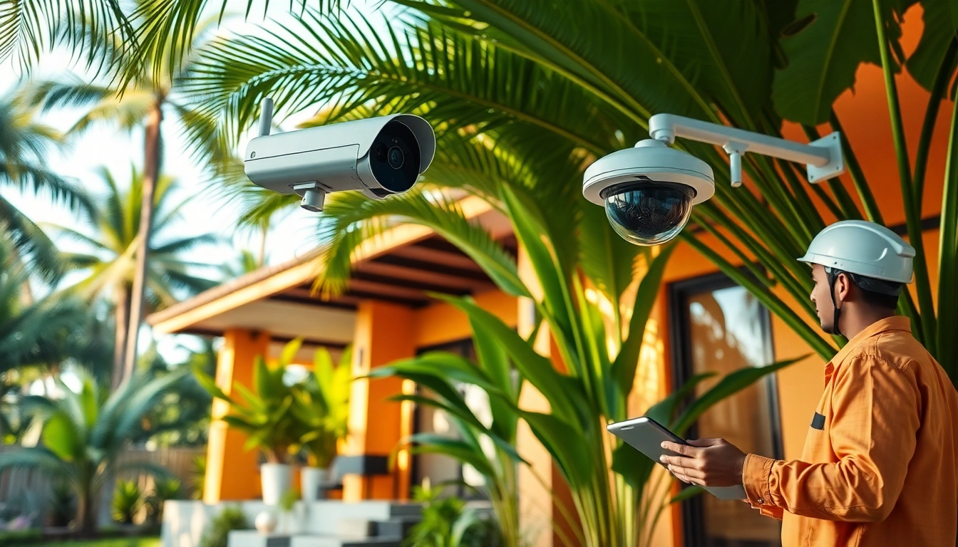 Cámaras de seguridad en Guanacaste con tecnología avanzada integrada en un hogar moderno rodeado de un entorno exuberante.