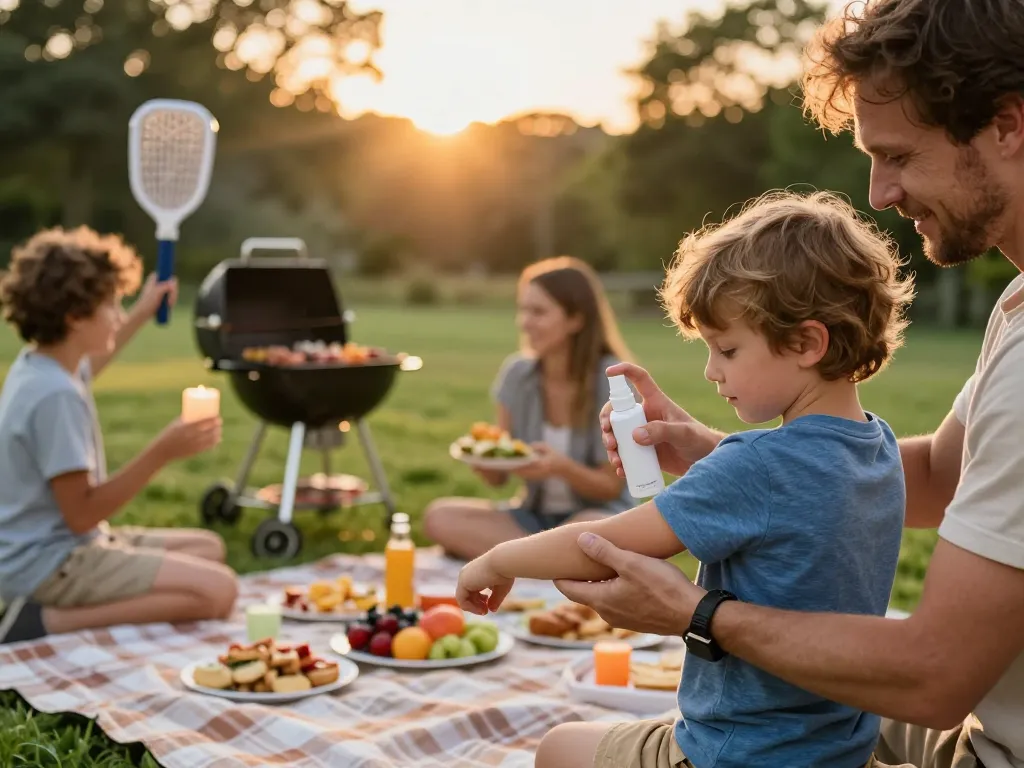 Family using mosquito repellent during a backyard barbecue at sunset, showcasing outdoor safety and enjoyment.