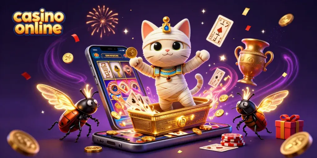 Disfruta del casino online con un gato momia y elementos de juego únicos.