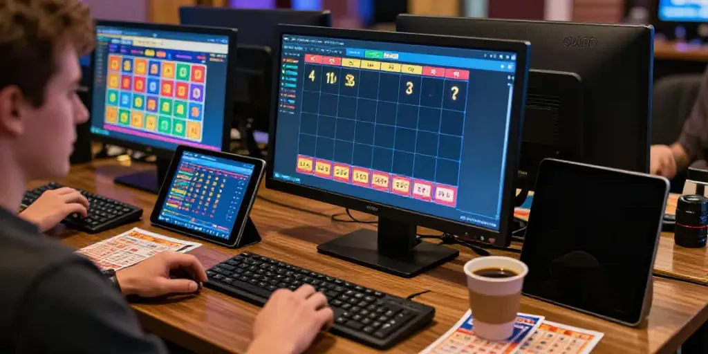 Situs togel online betting scene with colorful lottery numbers displayed on a computer screen, showcasing excitement.