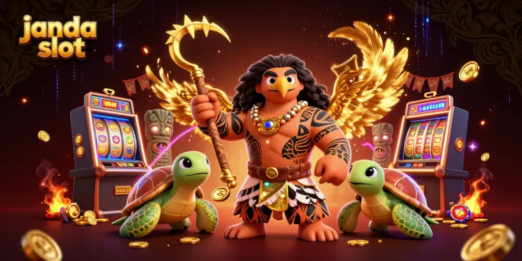 Burung hawk dan penyu moana gaya Maui di mesin slot "janda slot" yang menampilkan simbol buah dan koin emas.