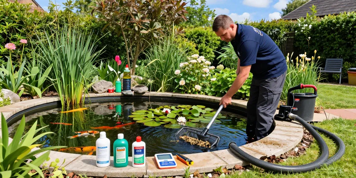 Pond Cleaning London service technician cleaning a residential pond with tools and aquatic plants in a serene garden setting.