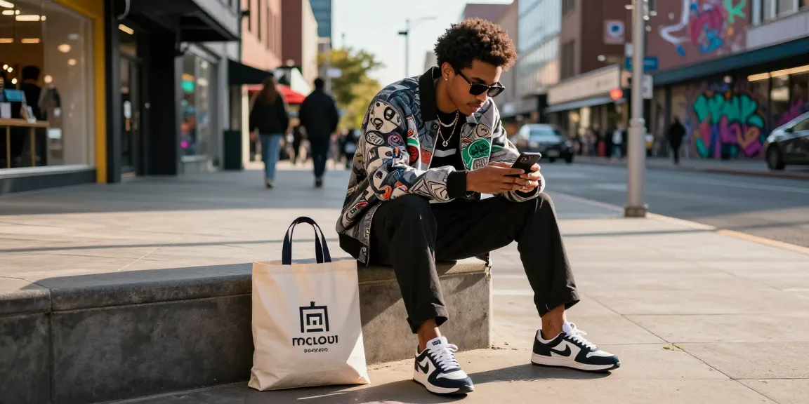 Stylish individual browsing products at https://shs-dome5.com/ in a trendy urban environment.