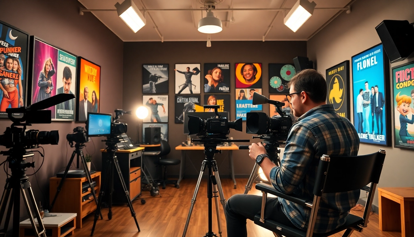 Dynamic film Maker working in a creative studio filled with equipment and vibrant colors.