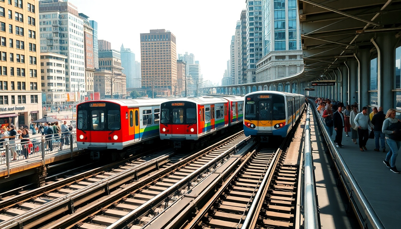 Showcasing rail systems in motion amidst a vibrant urban landscape, highlighting dynamic transportation.