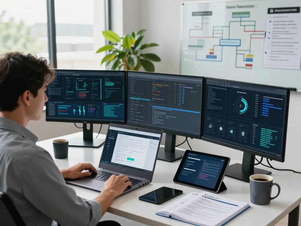 Cybersecurity analyst at desk with monitors displaying security protocols and browser verification on https://shs-dome5.com/ for safe connections.