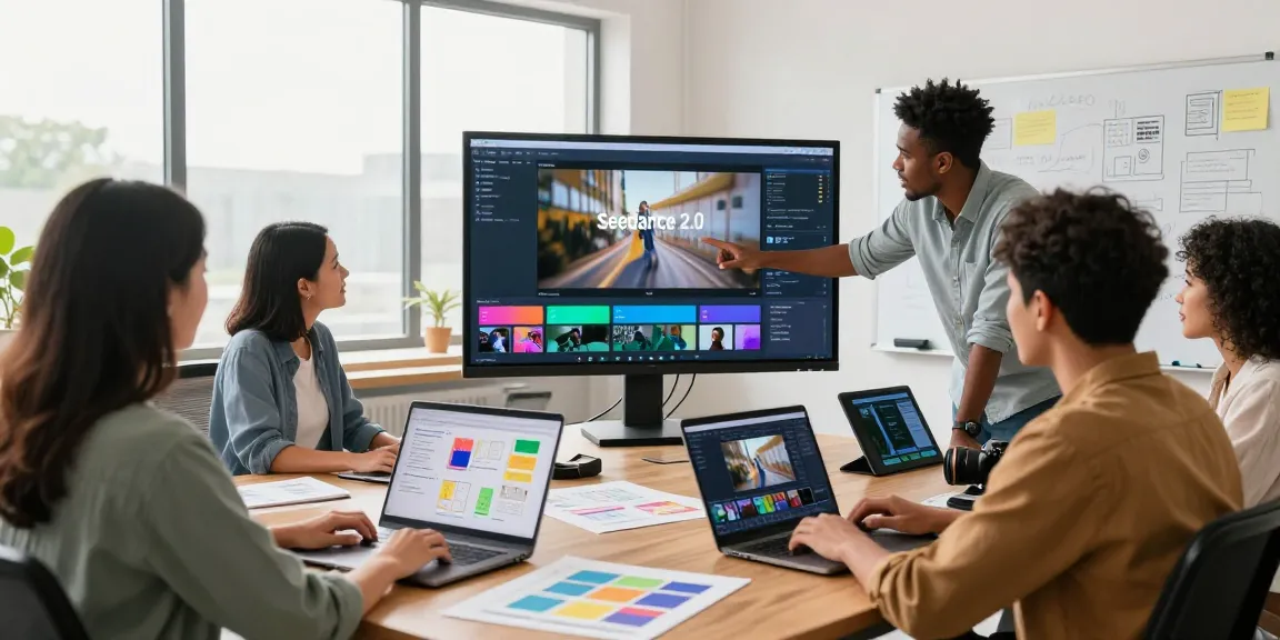 Team using Seedance 2.0 to produce dynamic videos in a bright workspace