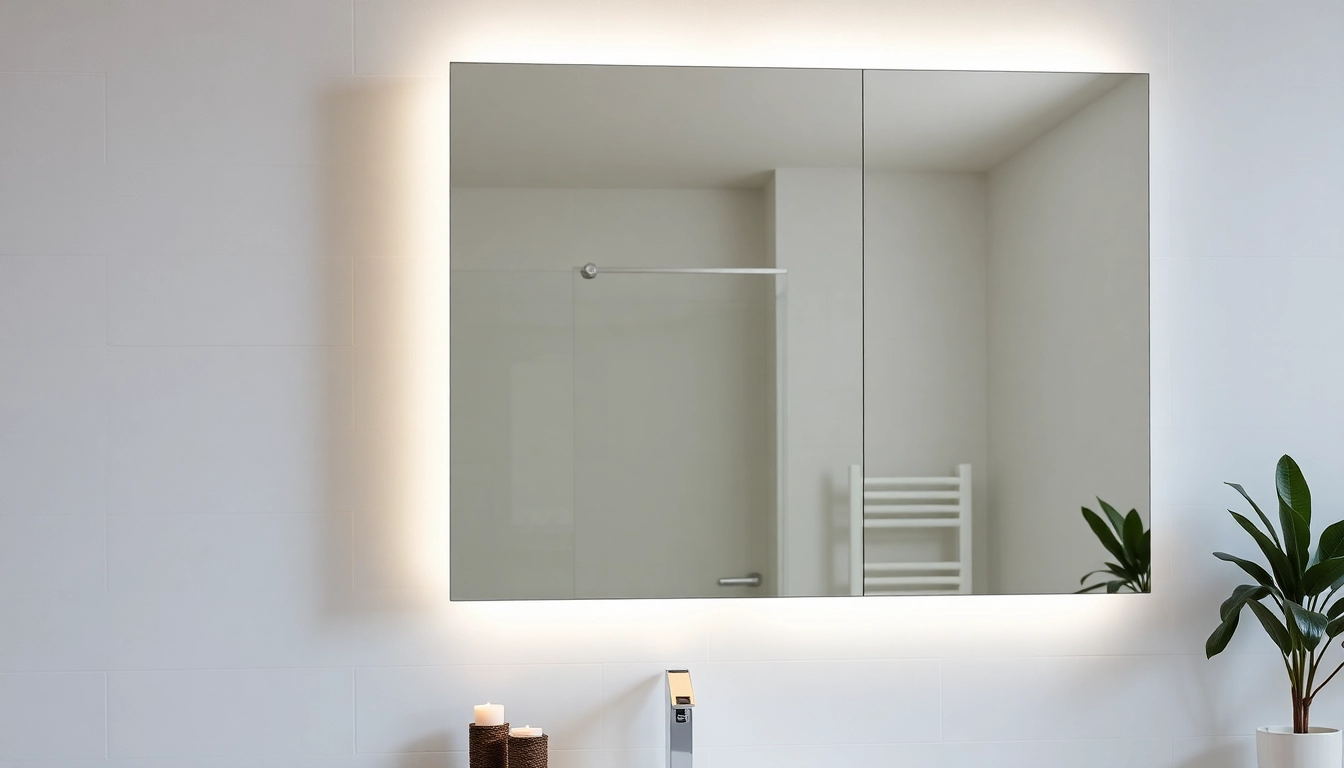 Showcasing a mirrored bathroom cabinet with light, elegant design highlights and warm illumination.