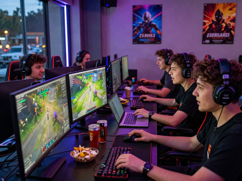 Group of gamers experiencing intense rokok88 login session in a vibrant internet café.