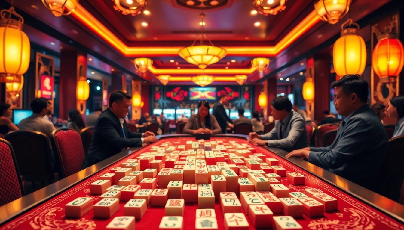 Tampilkan permainan demo mahjong ways 2 dengan pencahayaan hangat dan suasana kasino yang ceria.