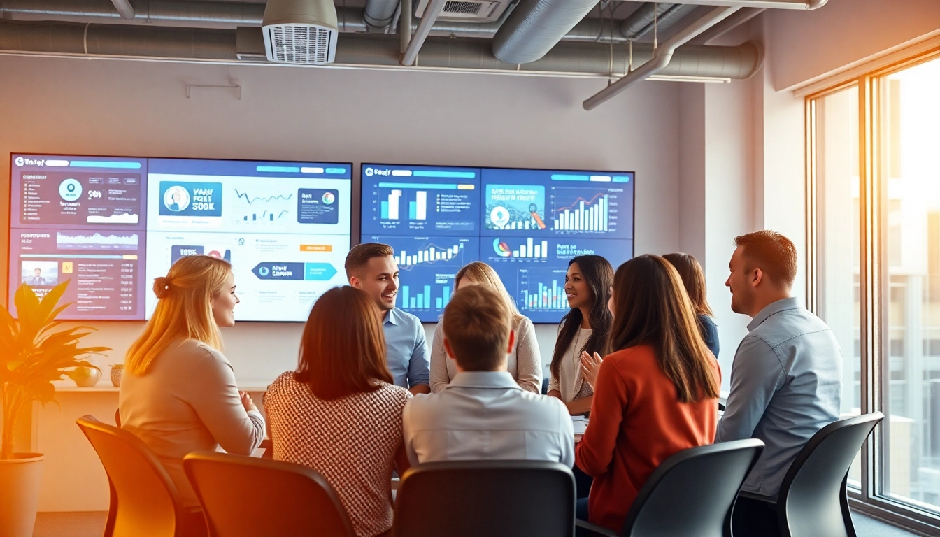 Collaborative team achieving social media marketing companies edmonton objectives in a modern office.