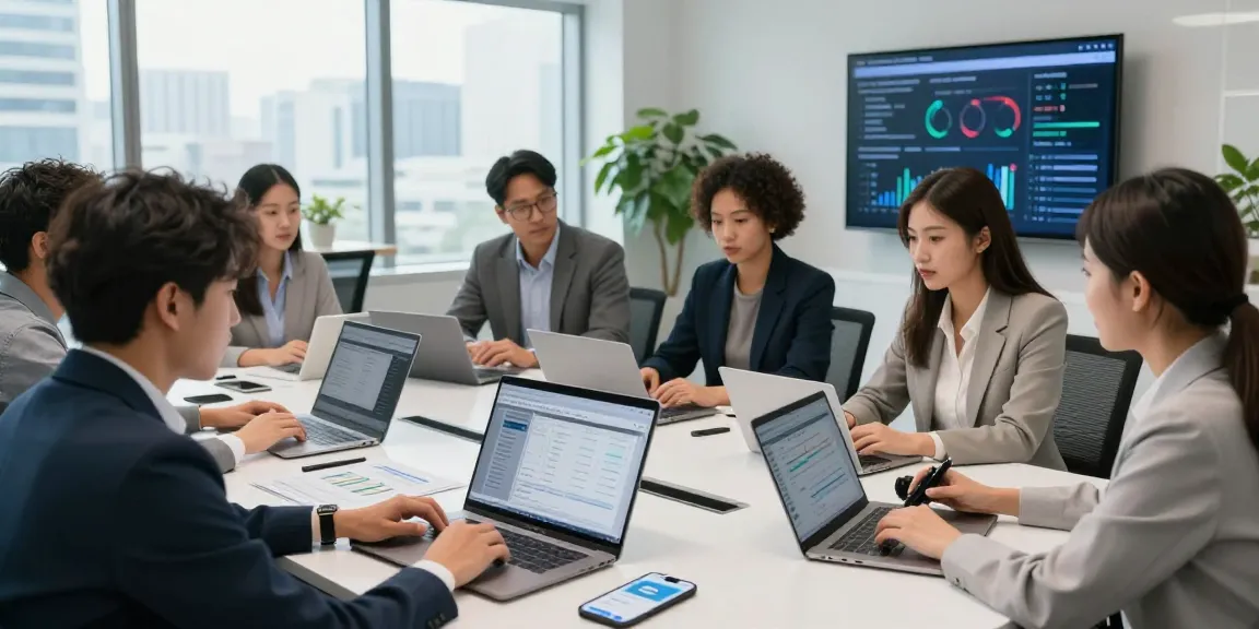 Finance team analyzing 소액결제현금화 solutions in a modern workspace with laptops and financial analytics.