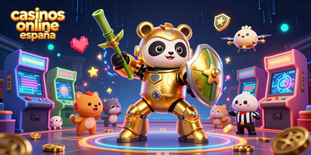 Disfruta de la experiencia en casinos online España con un panda dorado y elementos de juego vibrantes.