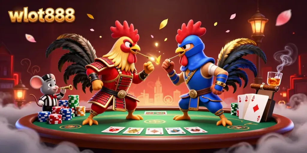 Rasakan pengalaman seru bermain di wslot888 dengan ilustrasi pertarungan ayam kartun tiga dimensi yang menarik.