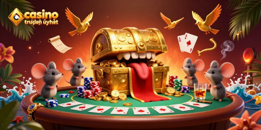 Ghi lại hoạt động hấp dẫn tại casino trực tuyến uy tín với hình ảnh kho báu và chuột phiêu lưu