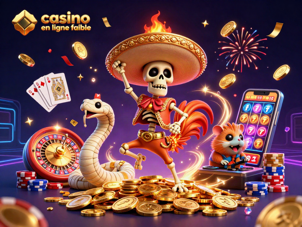 Illustration d'un casino en ligne fiable avec des personnages de jeu accompagnés de jetons et de trésors.